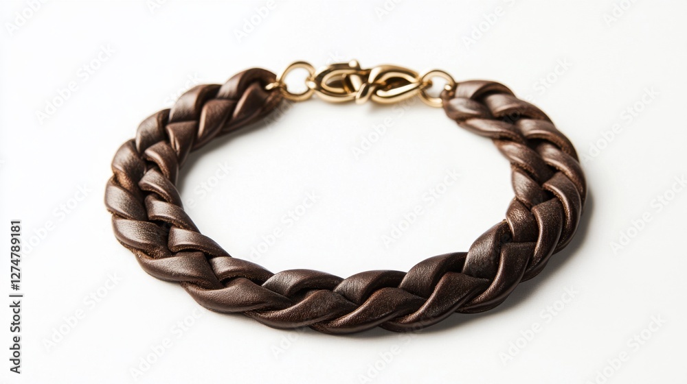 Obraz premium A braided leather necklace with metallic accents, laid flat on a white background