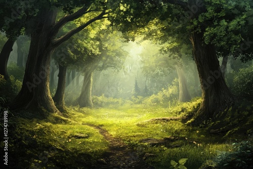 Sunlit Path in a Mystical Forest
