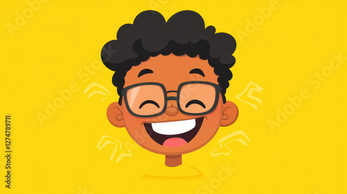 A joyful cartoon boy with glasses, radiating happiness in a vibrant 2D style against a clean backdrop.