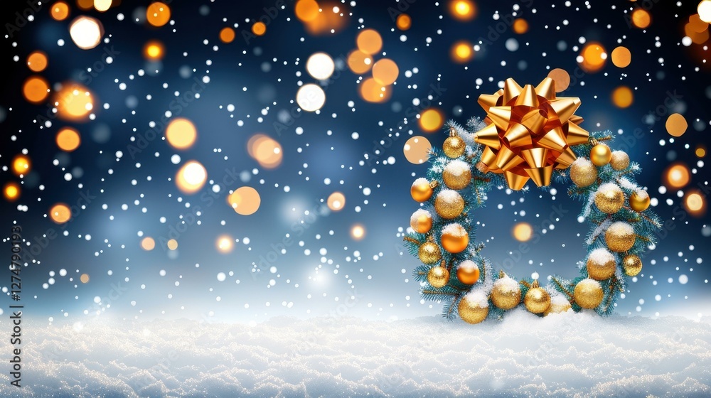 Fototapeta premium A serene winter evening captures a snowcovered wreath, highlighted in soft black and vibrant orange hues for a festive glow.
