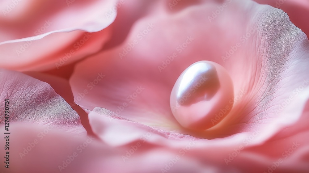 Fototapeta premium A delicate pearl nestled among soft pink rose petals, symbolizing luxury