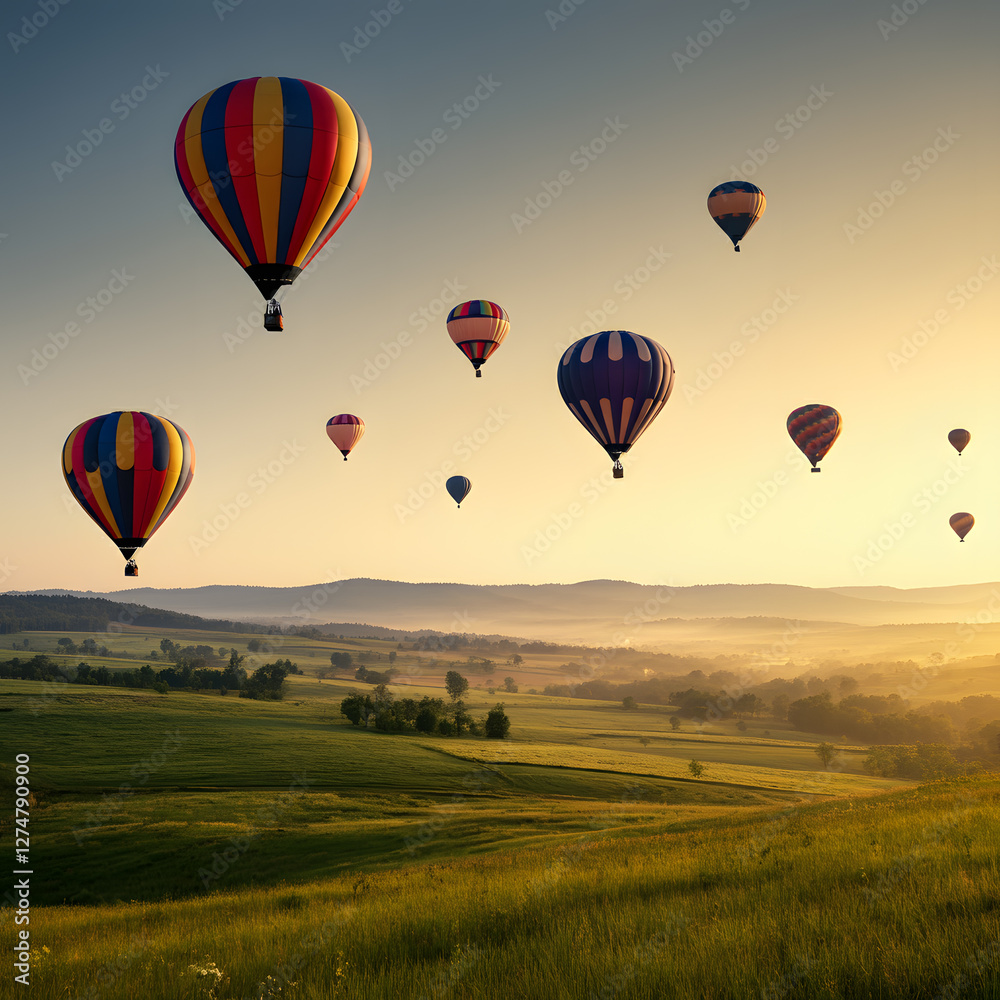 Obraz premium Vibrant hot air balloons floating over green hills in sunrise sky peaceful nature scenic travel landscape