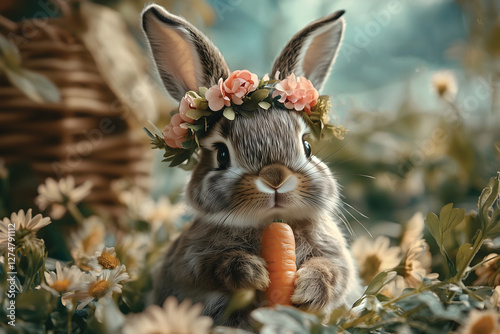 Bunny with Carrot and Flower Crown
