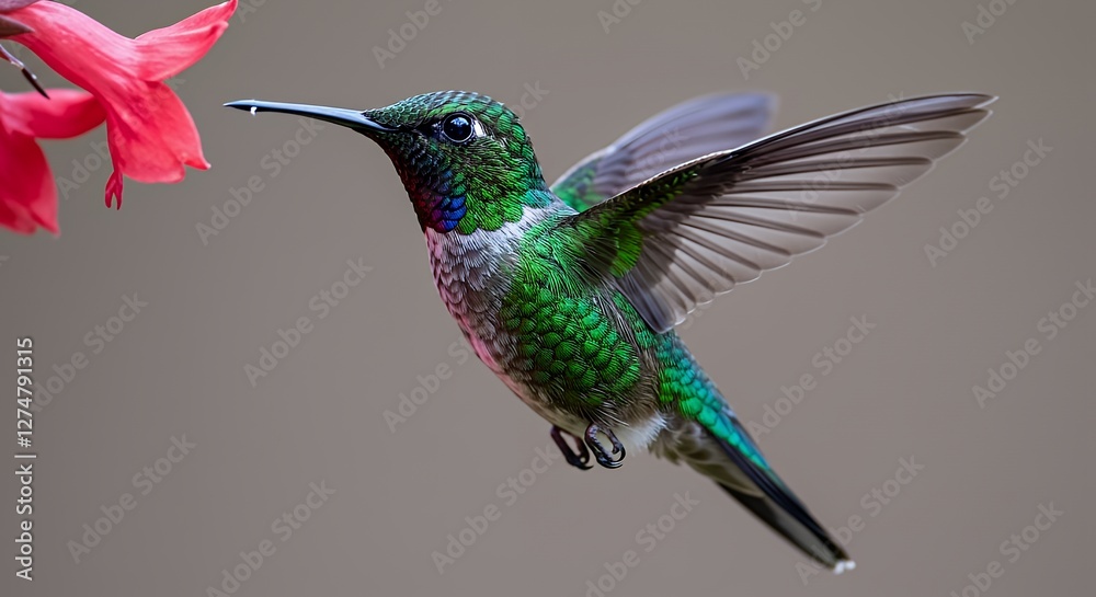 Fototapeta premium Hummingbird Hovering Near Red Flower Seeking Nectar in Natural Setting