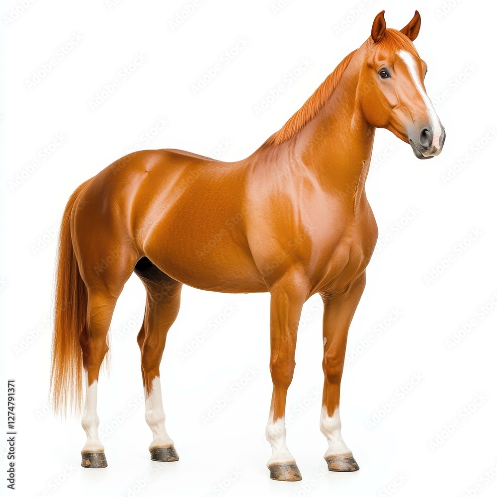 Naklejka premium Experience the beauty of nature through this elegant horse, standing solo against a pure white backdrop.