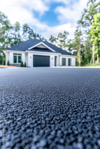 Fresh blacktop asphalt road surface at driveway entrance to house. Repair work. Private drive way, slurry seal project. Re-surfaced Cul-de-sac.