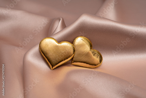 Golden hearts on silky fabric for St. Valentine's Day and weddings photo