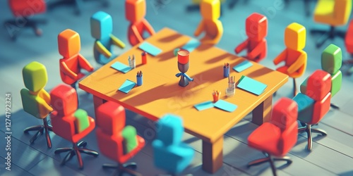 Colorful blocky figures convene around an orange conference table