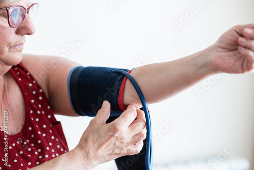 Elderly woman checking blood pressure photo