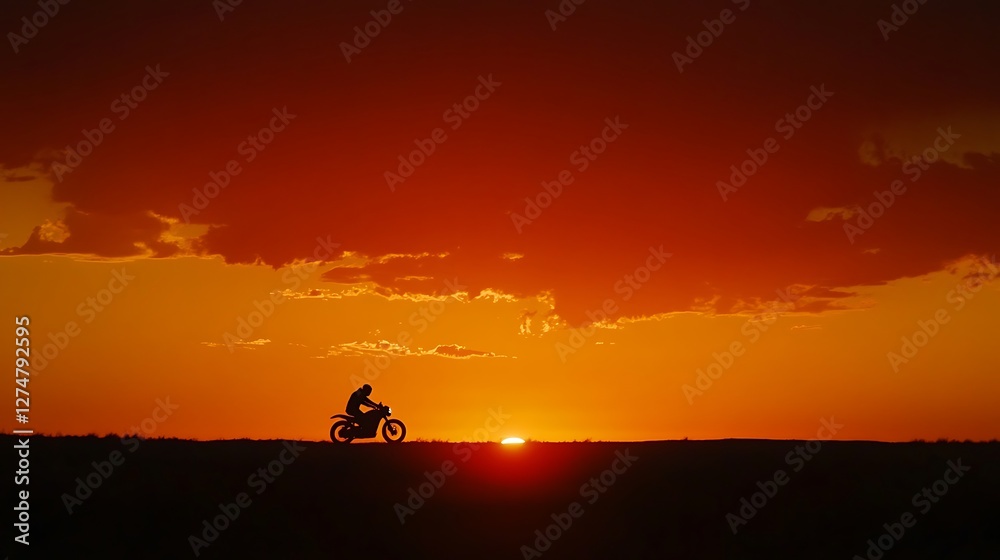 Silhouette of a motorcyclist riding into the sunset against a vibrant orange sky with clouds, conveying freedom and adventure on an open road Silhouette of a motorcyclist riding into the sunset against a vibrant orange sky with clouds, conveying freedom and adventure on an open road
