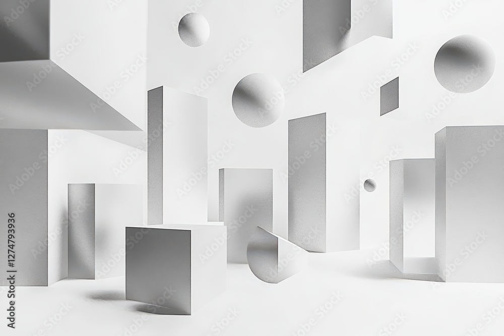 Floating white geometric shapes create an abstract architectural composition Floating white geometric shapes create an abstract architectural composition