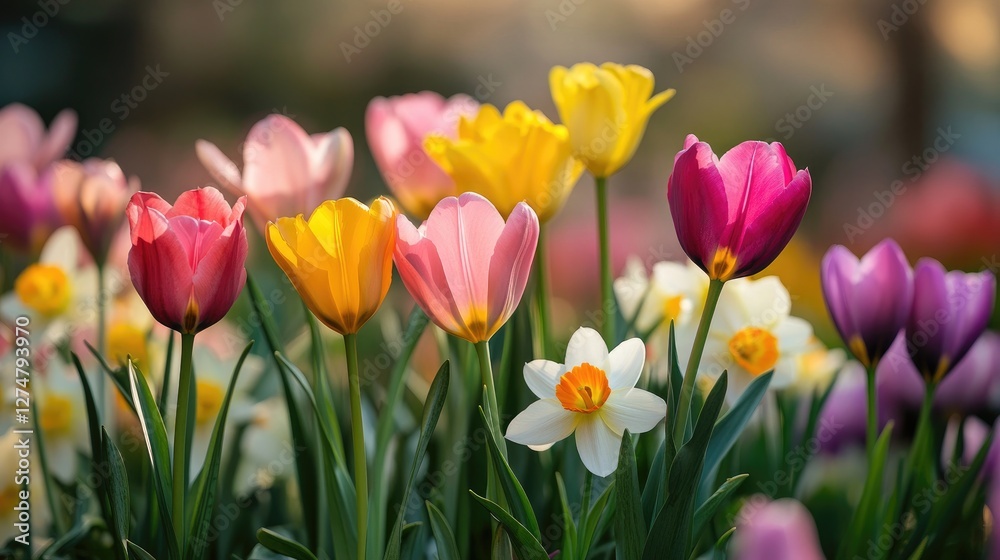 A beautiful spring flower garden with tulips, daffodils, and crocuses in full bloom, creating a burst of color. A beautiful spring flower garden with tulips, daffodils, and crocuses in full bloom, creating a burst of color.