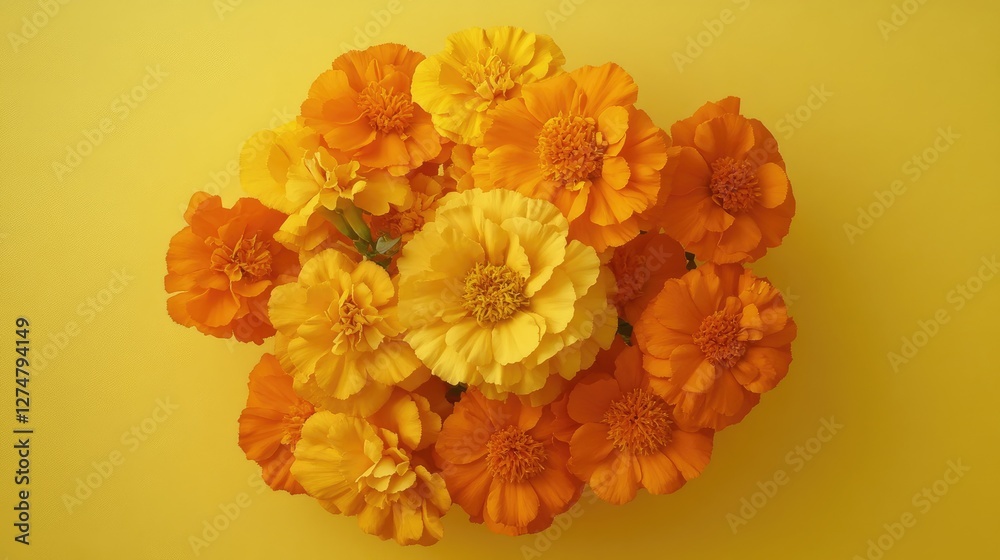 A bold bouquet of orange and yellow marigolds, arranged beautifully on a bright yellow background. A bold bouquet of orange and yellow marigolds, arranged beautifully on a bright yellow background.