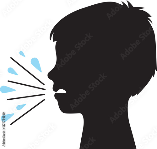 Child boy kid suffering from Cough, Symptom of Flu.
