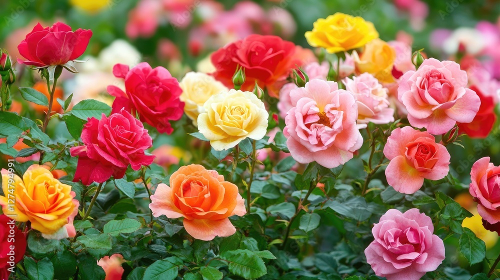 A close-up of a beautiful rose garden with vibrant blooms in shades of red, pink, and yellow, surrounded by green leaves. A close-up of a beautiful rose garden with vibrant blooms in shades of red, pink, and yellow, surrounded by green leaves.