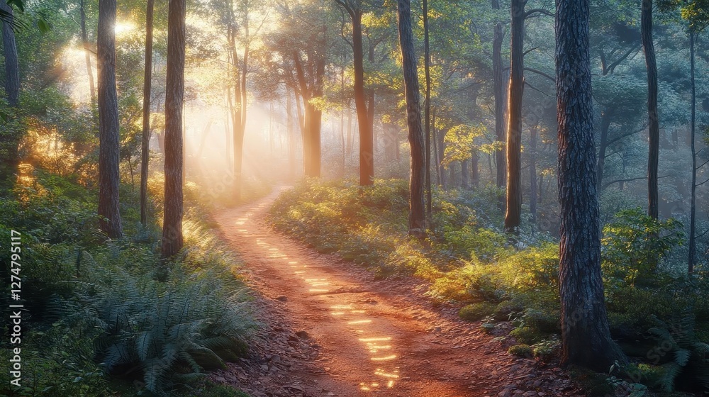 Obraz premium Misty forest trail with glowing AR trail guide, soft diffused light, serene natural setting, photorealistic