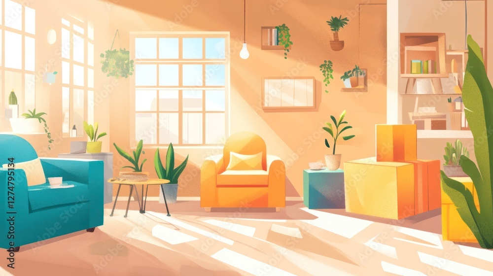 Fototapeta premium Sunlit living room with armchairs, plants, and boxes.