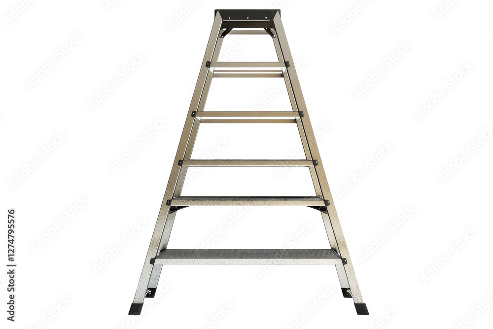 A sturdy metal ladder standing tall in a bright, minimalist space ready for home improvement tasks isolated on transparent background A sturdy metal ladder standing tall in a bright, minimalist space ready for home improvement tasks isolated on transparent background