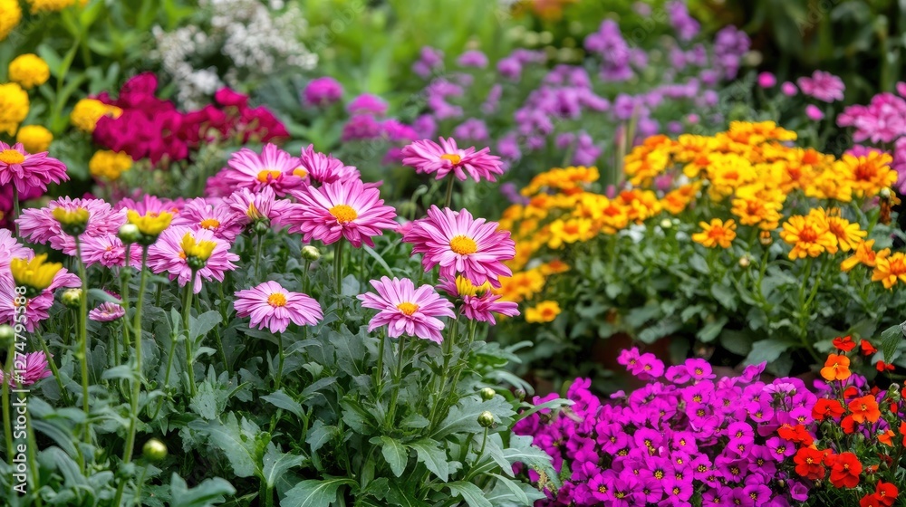 A colorful garden filled with blooming chrysanthemums, pansies, and violets, creating a peaceful, vibrant outdoor scene. A colorful garden filled with blooming chrysanthemums, pansies, and violets, creating a peaceful, vibrant outdoor scene.