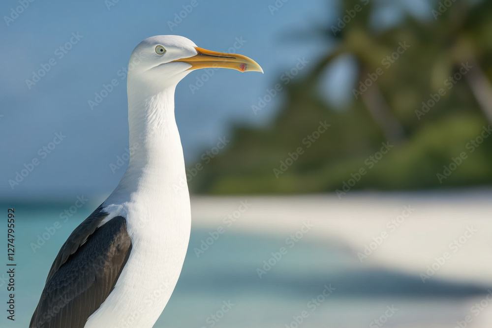 A seagull stands on a beach, looking out over the water A seagull stands on a beach, looking out over the water