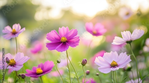 A garden bed filled with a variety of cosmos flowers in soft pastels, gently swaying in the breeze under a clear sky.
