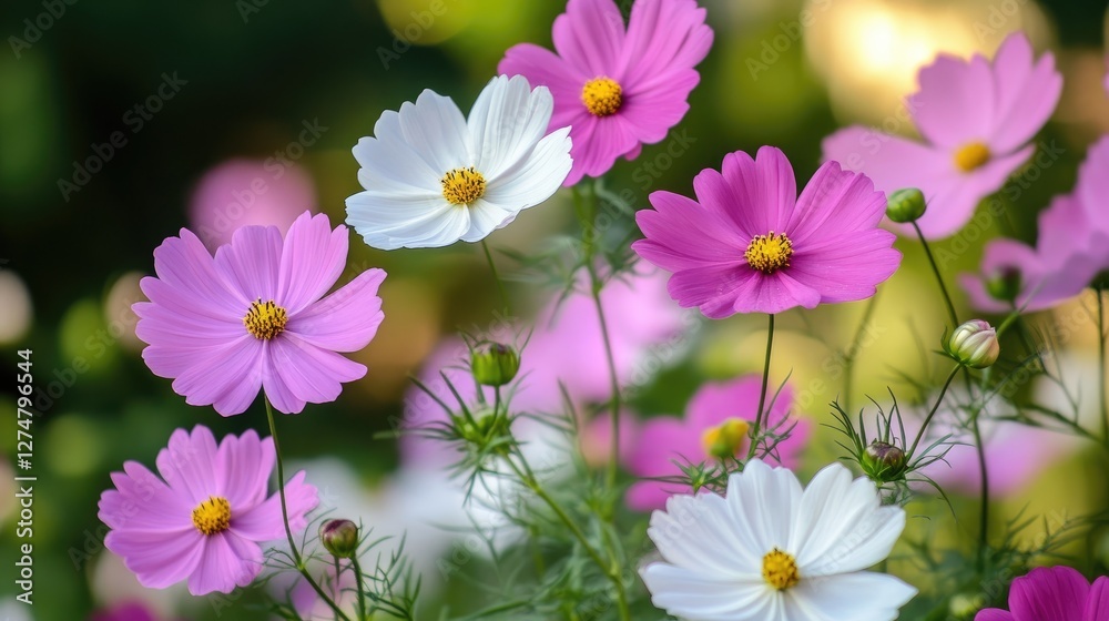 A gentle breeze stirs the pink and white cosmos flowers in a blooming garden, with soft light filtering through the petals. A gentle breeze stirs the pink and white cosmos flowers in a blooming garden, with soft light filtering through the petals.
