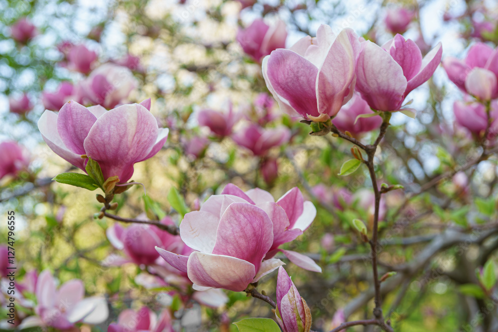 Blooming tree branch with pink Magnolia soulangeana, Alba Superba flowers in park or garden on green background with copy space. Nature, floral, gardening, plant breeding. Blooming tree branch with pink Magnolia soulangeana, Alba Superba flowers in park or garden on green background with copy space. Nature, floral, gardening, plant breeding.