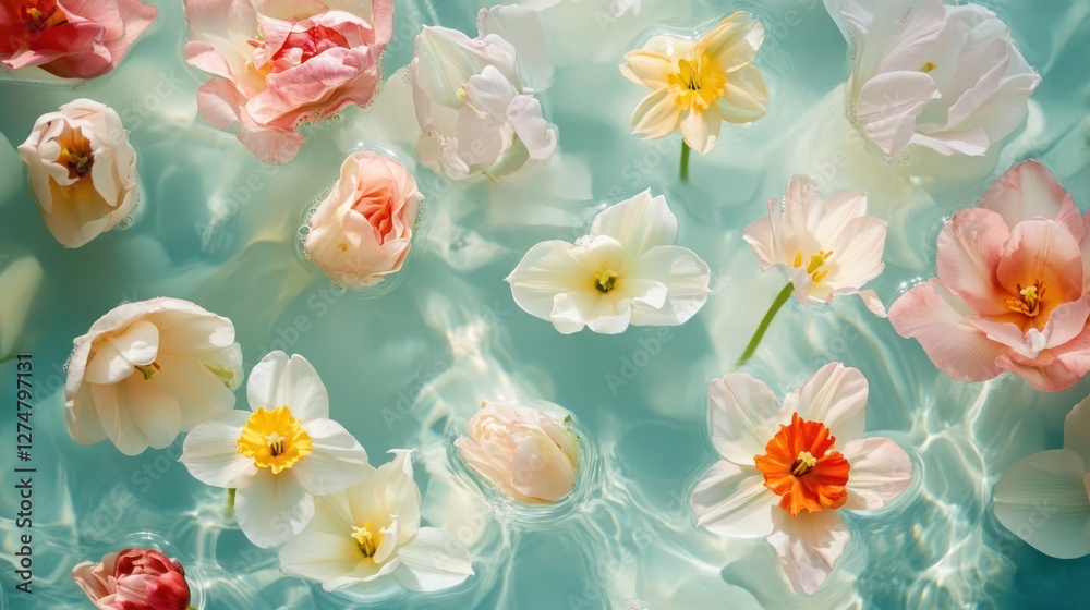 Fototapeta premium A serene composition featuring a liquid water background with an array of spring flowers such as cherry blossoms, tulips, and daffodils.