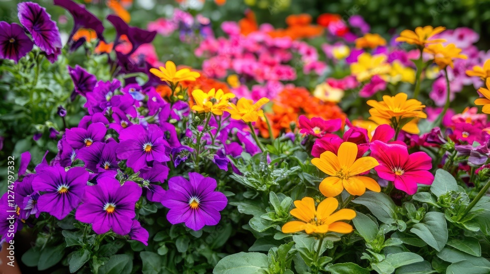 Fototapeta premium A lush garden filled with an assortment of bright daisies, violets, and petunias, creating a serene, colorful scene.