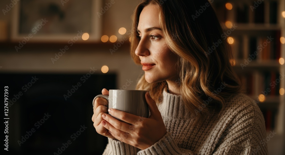 Young caucasian woman enjoying cozy moment with warm drink in relaxing home setting Young caucasian woman enjoying cozy moment with warm drink in relaxing home setting