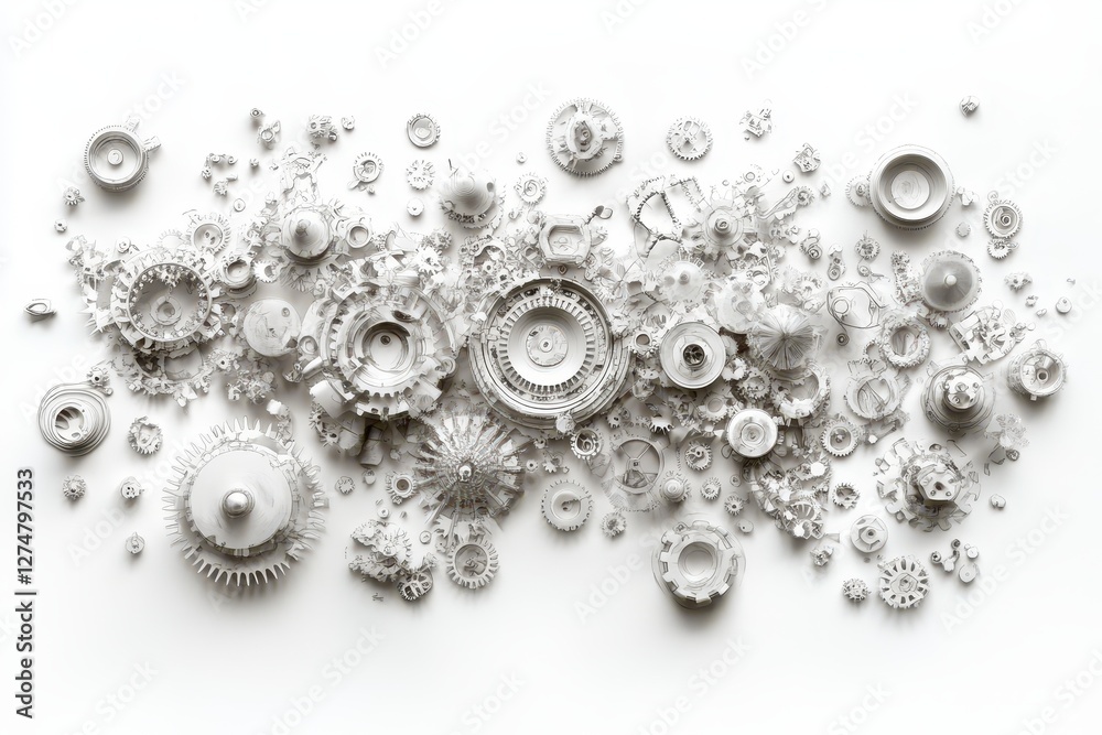 Collection of gears and watch parts artfully arranged on white Collection of gears and watch parts artfully arranged on white