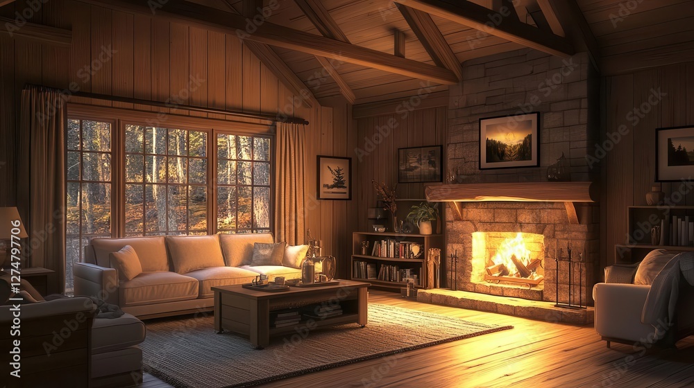 Rustic cabin in the woods with glowing AR fireplace settings, cozy warm wooden interior, soft ambient lighting, photorealistic Rustic cabin in the woods with glowing AR fireplace settings, cozy warm wooden interior, soft ambient lighting, photorealistic