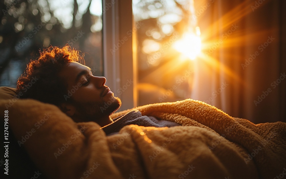 Man relaxing in bed, sunlight streaming through window. Man relaxing in bed, sunlight streaming through window.