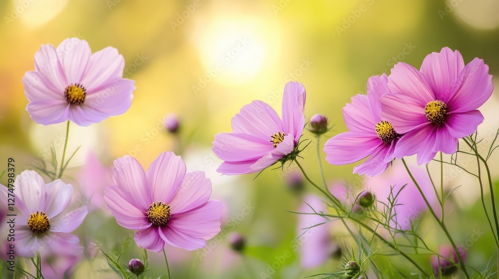 A serene garden scene featuring cosmos flowers in full bloom, their petals radiating hues of pink and white. A serene garden scene featuring cosmos flowers in full bloom, their petals radiating hues of pink and white.