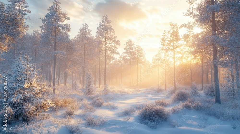 Naklejka premium Snow-covered pine forest with glowing AR ambient temperature display, serene cold atmosphere, soft light, photorealistic