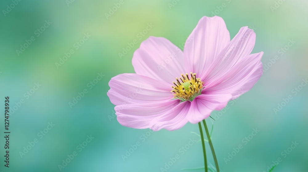 A single pink cosmos flower with soft, delicate petals and a vibrant green backdrop, creating a peaceful garden scene. A single pink cosmos flower with soft, delicate petals and a vibrant green backdrop, creating a peaceful garden scene.