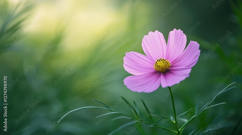 A single pink cosmos flower with soft, delicate petals and a vibrant green backdrop, creating a peaceful garden scene.