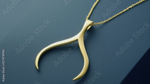 Elegant gold wishbone pendant with a sleek finish, stylishly placed on a muted blue background