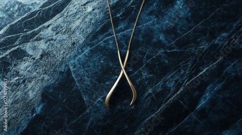 Elegant gold wishbone pendant with a sleek finish, stylishly placed on a muted blue background