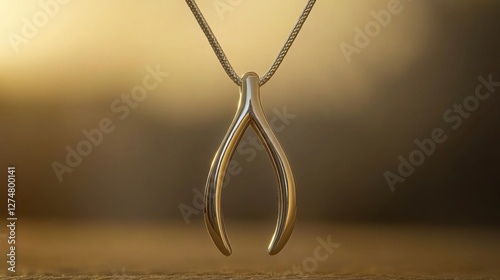 Elegant silver wishbone pendant with a minimalist charm, showcased on a muted yellow background
