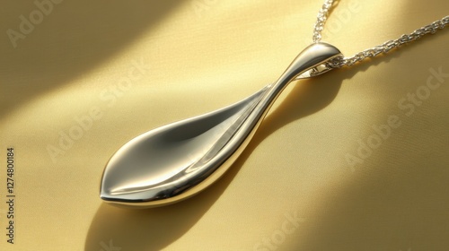 Elegant silver wishbone pendant with a minimalist charm, showcased on a muted yellow background