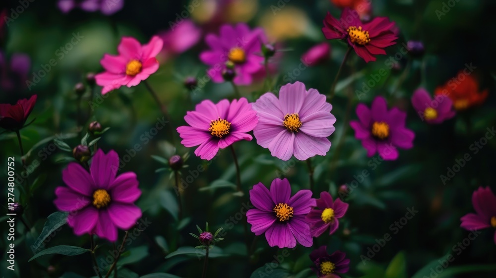 A vibrant burst of pink and purple cosmos flowers blooming abundantly in a lush garden, surrounded by greenery. A vibrant burst of pink and purple cosmos flowers blooming abundantly in a lush garden, surrounded by greenery.