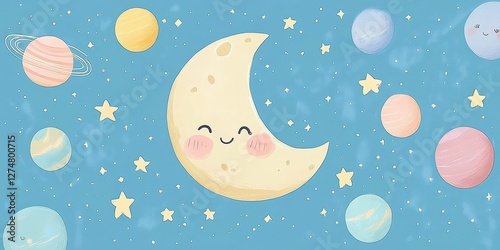 Whimsical cartoon depiction of a happy moon and surrounding planets