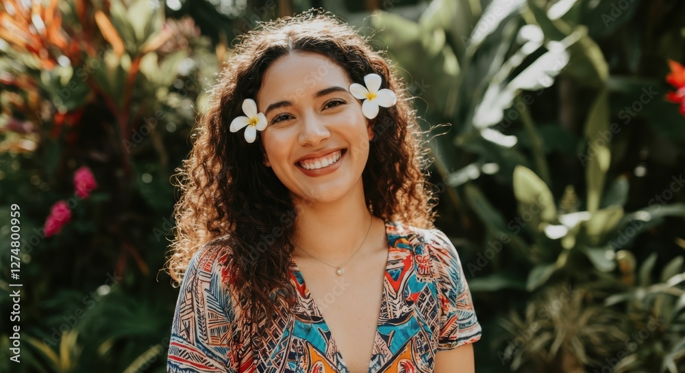Smiling hispanic young female with flowers in curly hair in lush garden Smiling hispanic young female with flowers in curly hair in lush garden