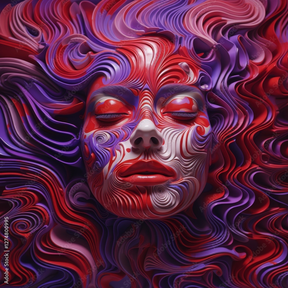 Naklejka premium Abstract woman face, red purple swirls, serene expression, artistic background, ideal for design