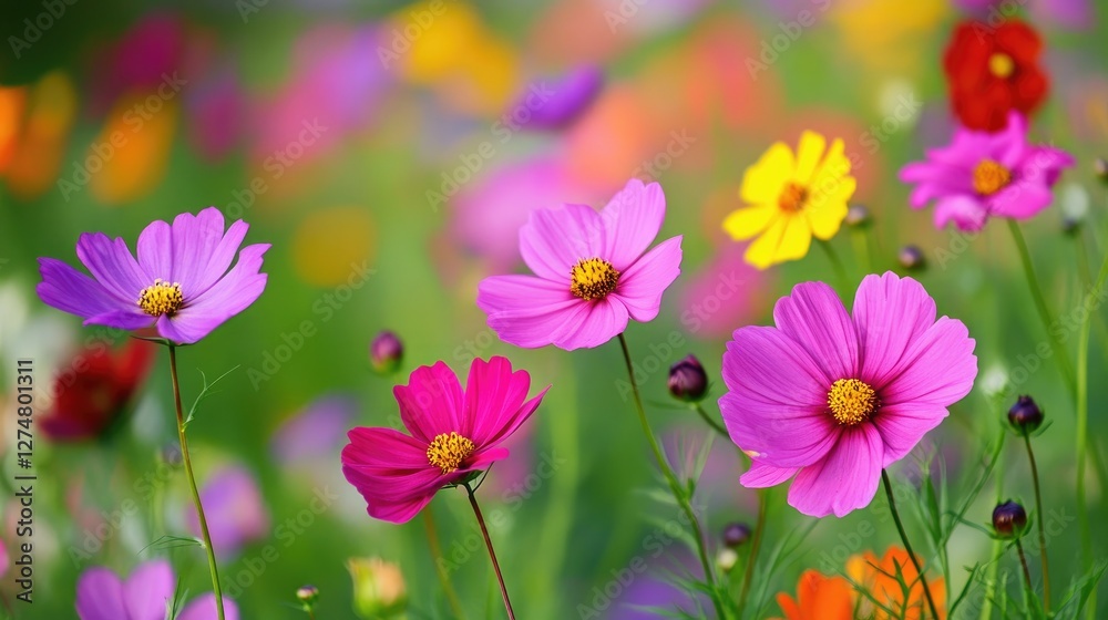 A vibrant patch of bright cosmos flowers in shades of pink and purple, standing tall against a green garden backdrop. A vibrant patch of bright cosmos flowers in shades of pink and purple, standing tall against a green garden backdrop.