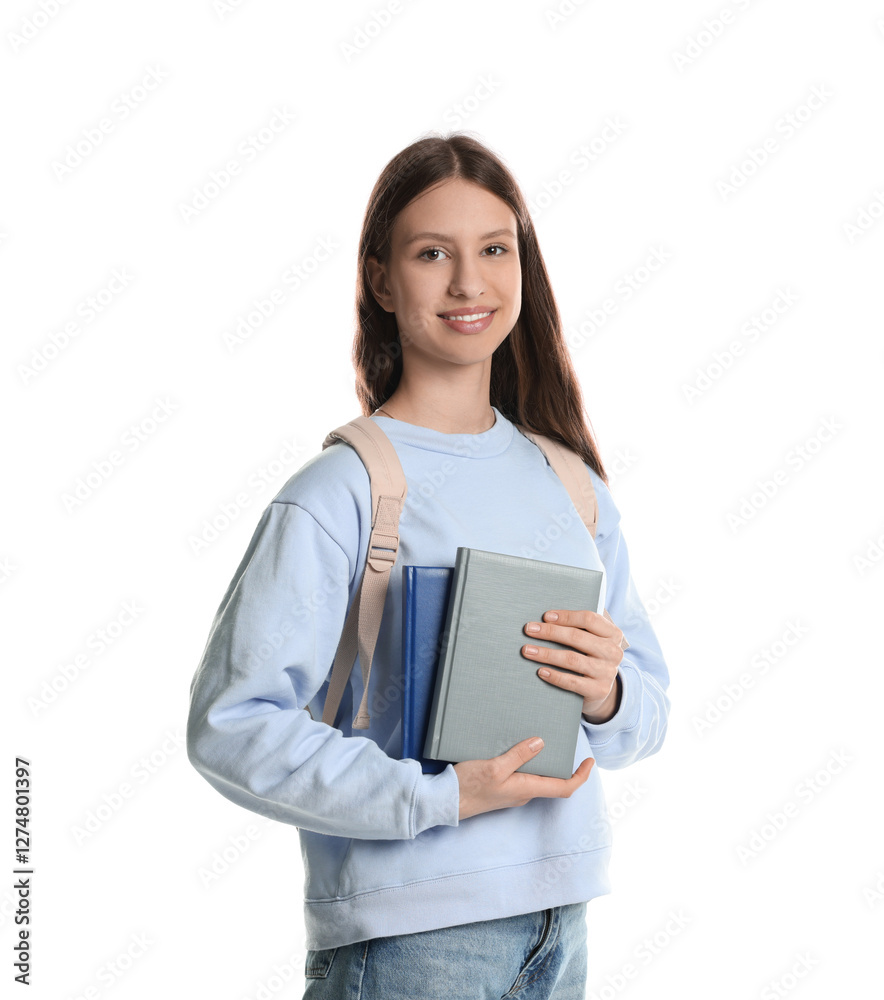 Portrait of smiling teenage girl with books on white background Portrait of smiling teenage girl with books on white background