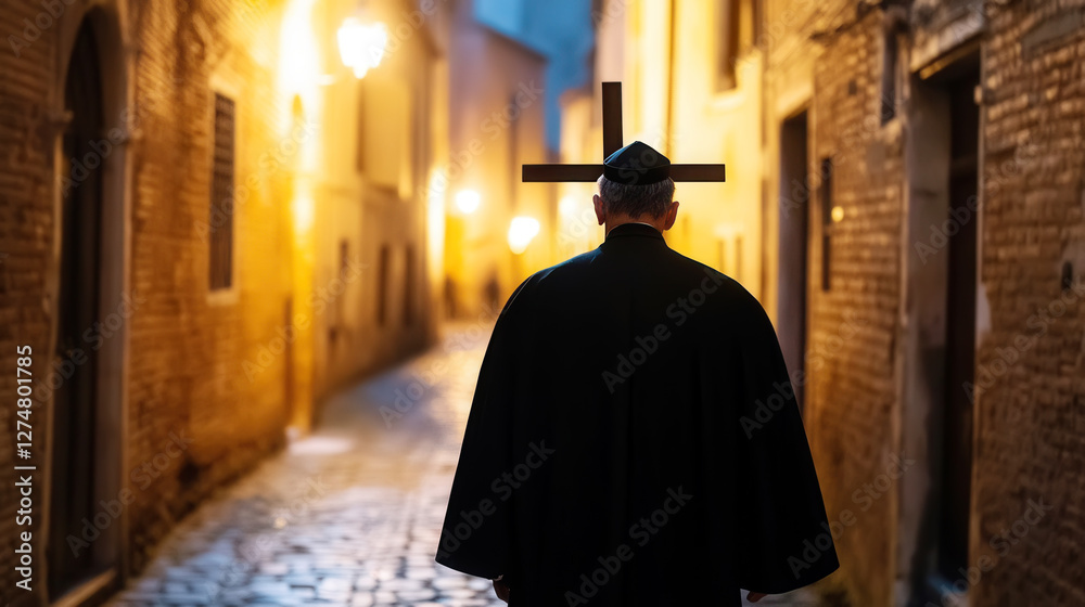 Naklejka premium Solemn good friday procession with priest in black robe carrying wooden cross on cobblestone alley
