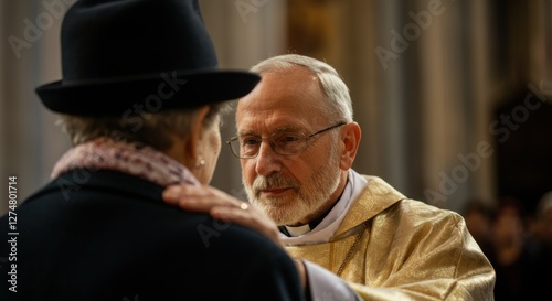 Elderly caucasian male priest in gold vestment comforting another person in church setting
