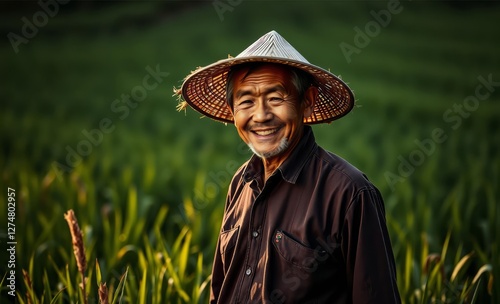 A senior east asian male farmer stands proudly in a lush green field wearing a straw hat and a content smile embodying the spirit of rural life and agriculture East Asian china japan japanese asian ko photo